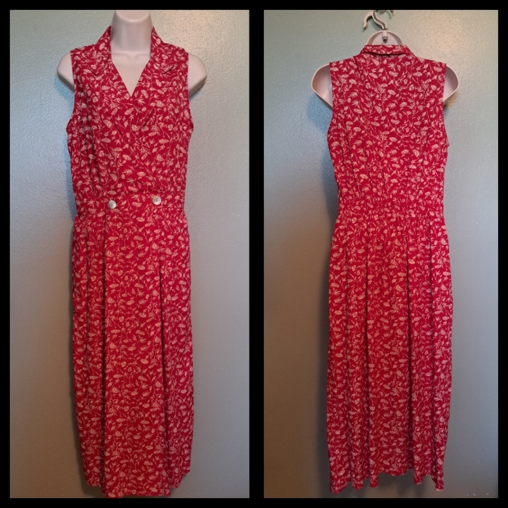 Robbie Bee Red Floral Maxi Summer Dress 10P Vintage Rayon